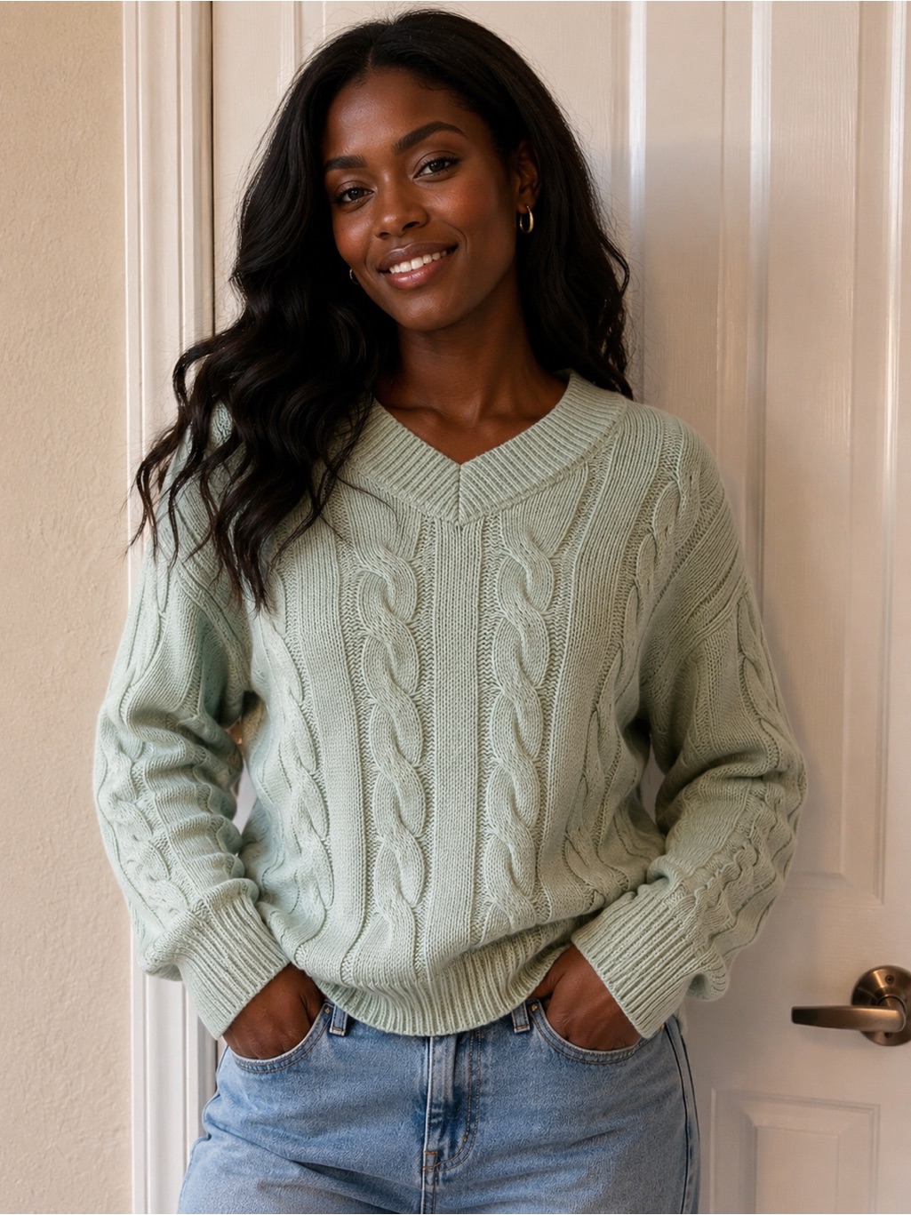 Burgess Cable Knit V-Neck Sweater Nwt Sage Green Luxury Blend Cotton Cashmere